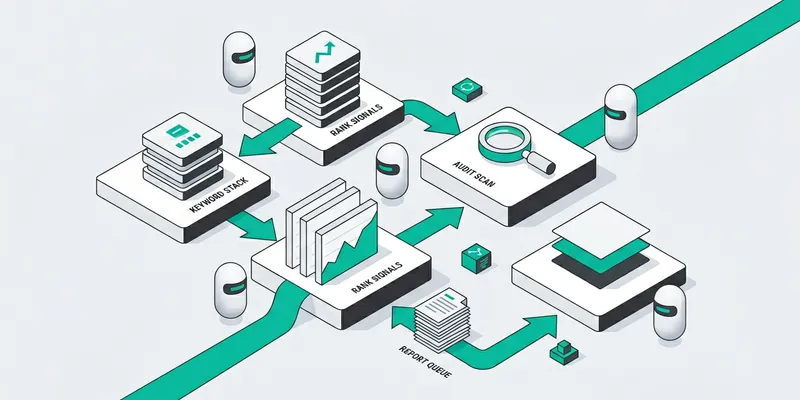 Three white bots sorting SEO tools into category stacks