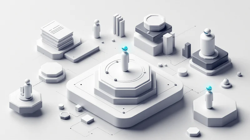 White bots connecting Contentful CMS blocks to SEO automation pipelines on isometric workspace