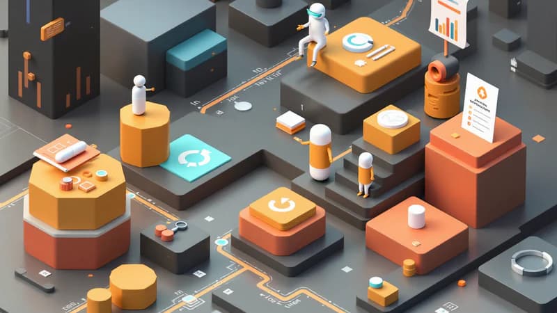 White capsule bot building publishing workflow with content handoff stations and approval gates