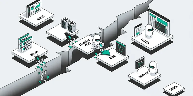 White capsule bots analyzing audit reports while connecting to CMS source code blocks