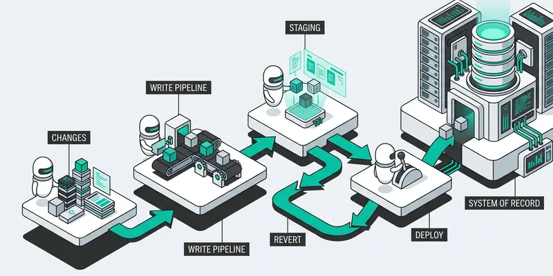 Isometric CMS governance dashboard with white bots managing SEO change approval workflows