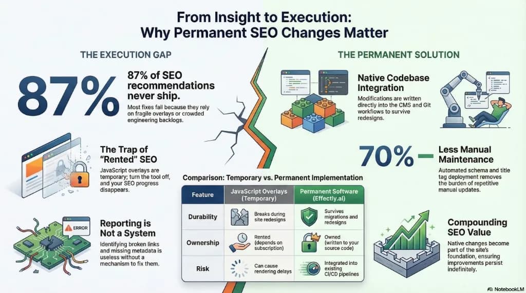 Infographic titled From Insight to Execution: the SEO execution gap versus permanent native implementation with effectly.ai