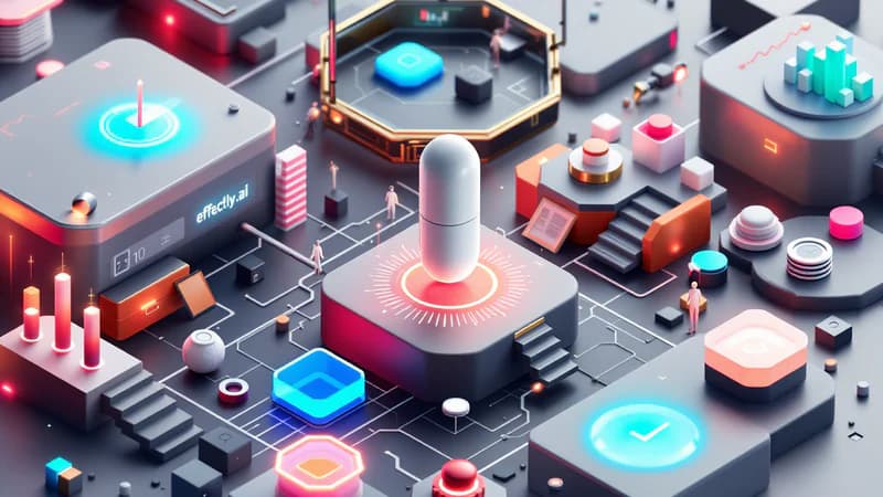 White capsule bot examining Semrush dashboard interface with keyword research and analytics reports