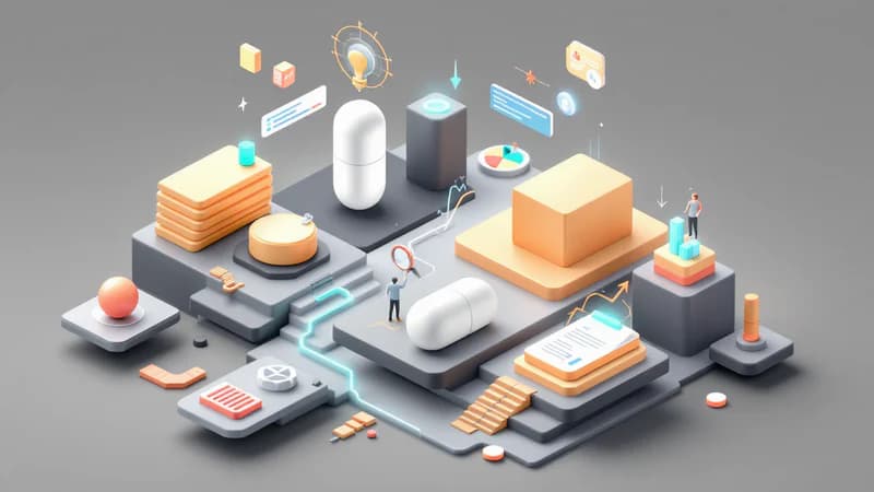 White capsule bot stuck between diagnostic reports and implementation tools on isometric surface