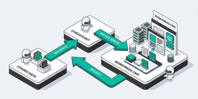 Isometric diagram showing The tasks worth automating first for SEO Automation for WordPr...