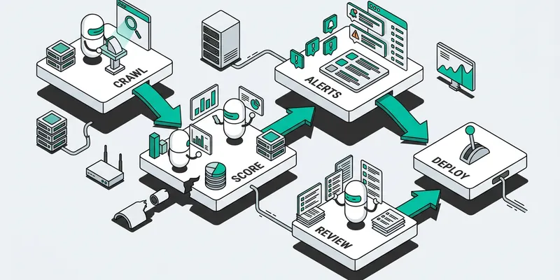 Capsule bots analyzing keyword data and content optimization metrics in automated SEO workflow