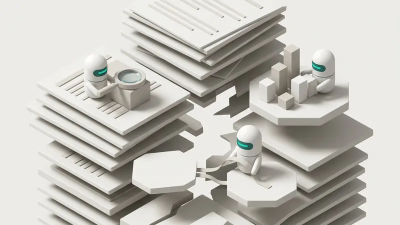 White capsule bots with teal visors reconciling fragmented SEO audit layers into aligned execution platforms on light gray isometric canvas