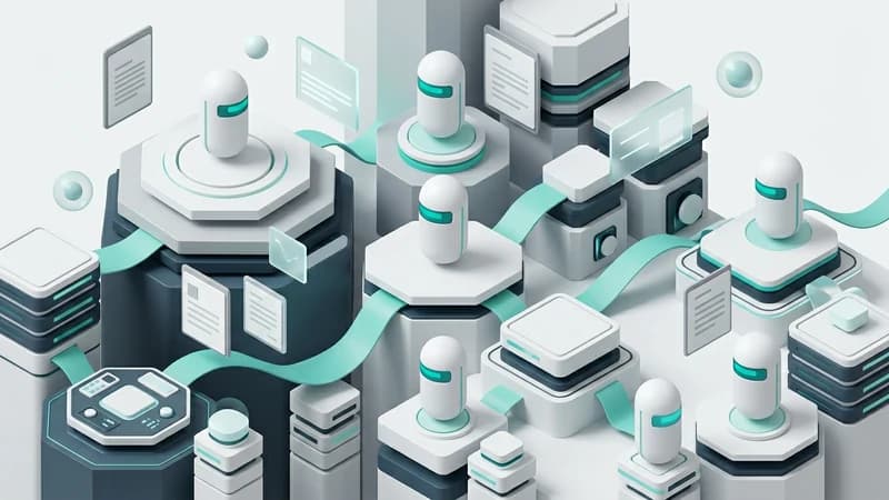 Multiple capsule bots at a calm governance control surface with teal monitoring accents and split automation zones on light gray canvas