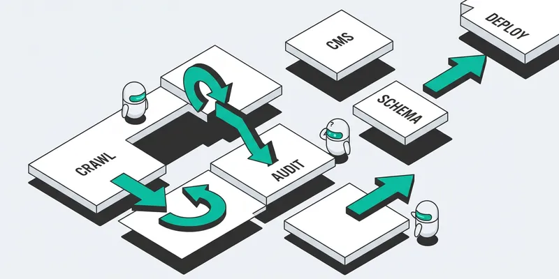 Diagnostic scene with a scanner over webpage layers, symbolizing what an SEO tool that fixes issues must do beyond producing audits.
