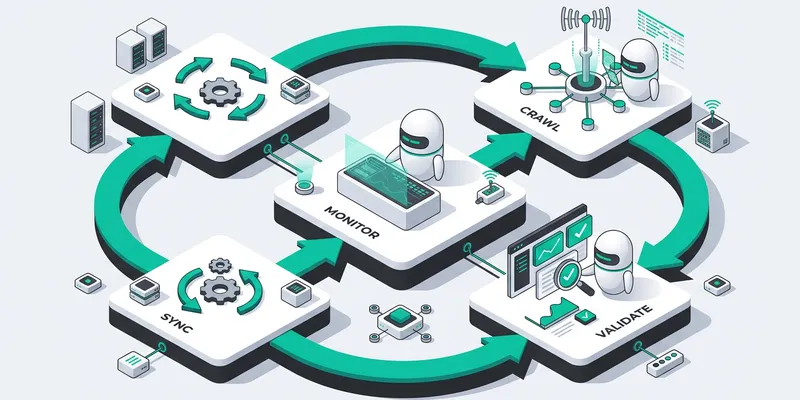 Upward growth blocks and organic shapes in isometric 3D, symbolizing compounding results when SEO issues are actually resolved at scale.