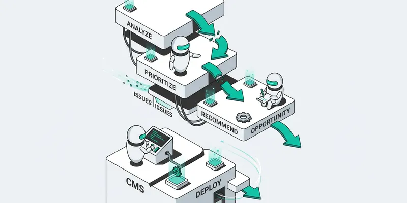 White bot agents crawling through website structure blocks revealing technical SEO issues
