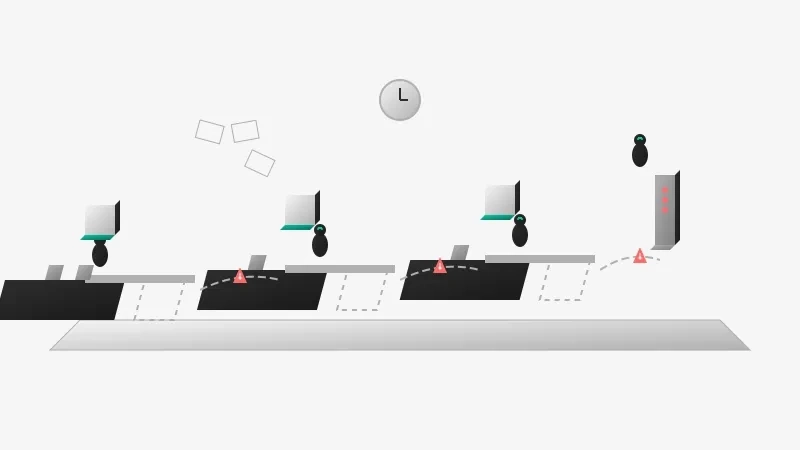Where agency stacks break · Click to enlarge Isometric 3D scene of bots at handoff stations where traditional agency stacks break down