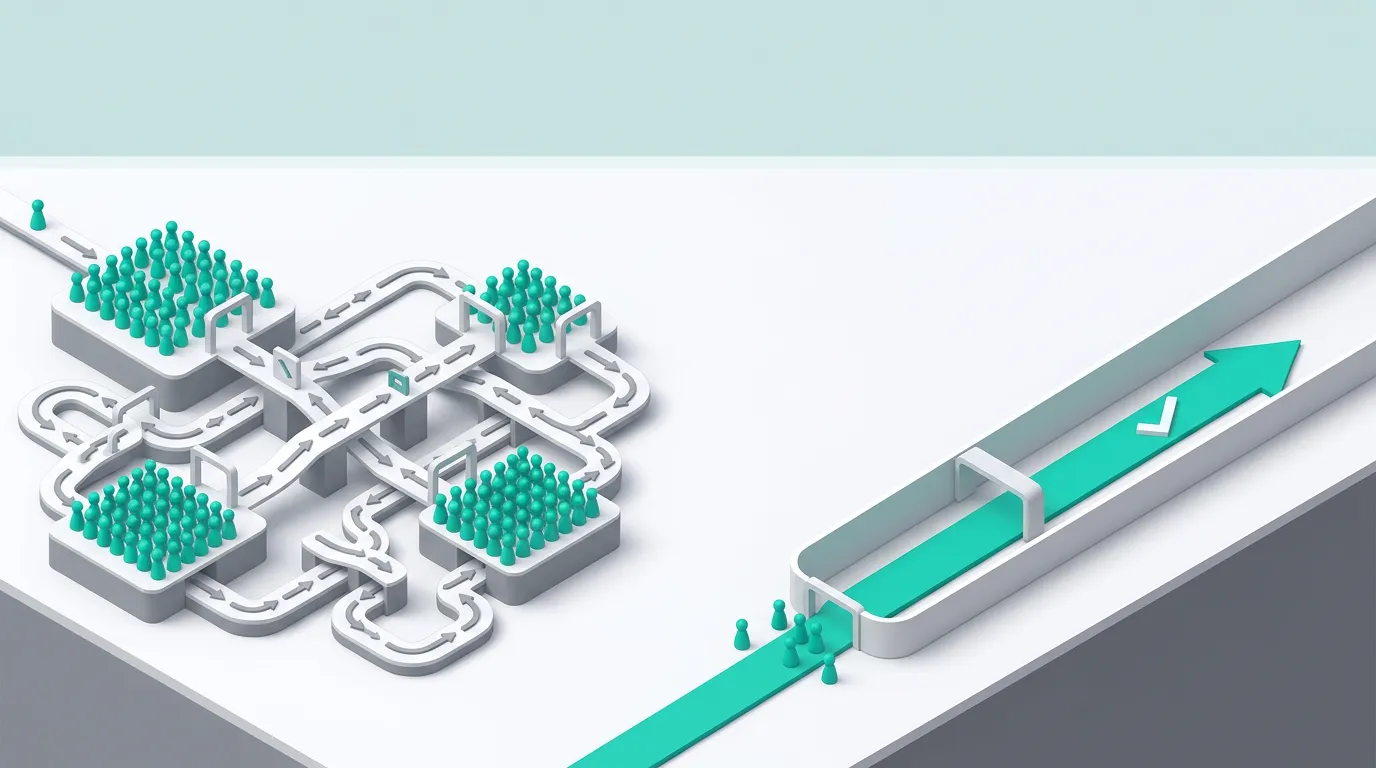 Overcomplicated SEO workflow diagram versus streamlined approval process with direct publishing